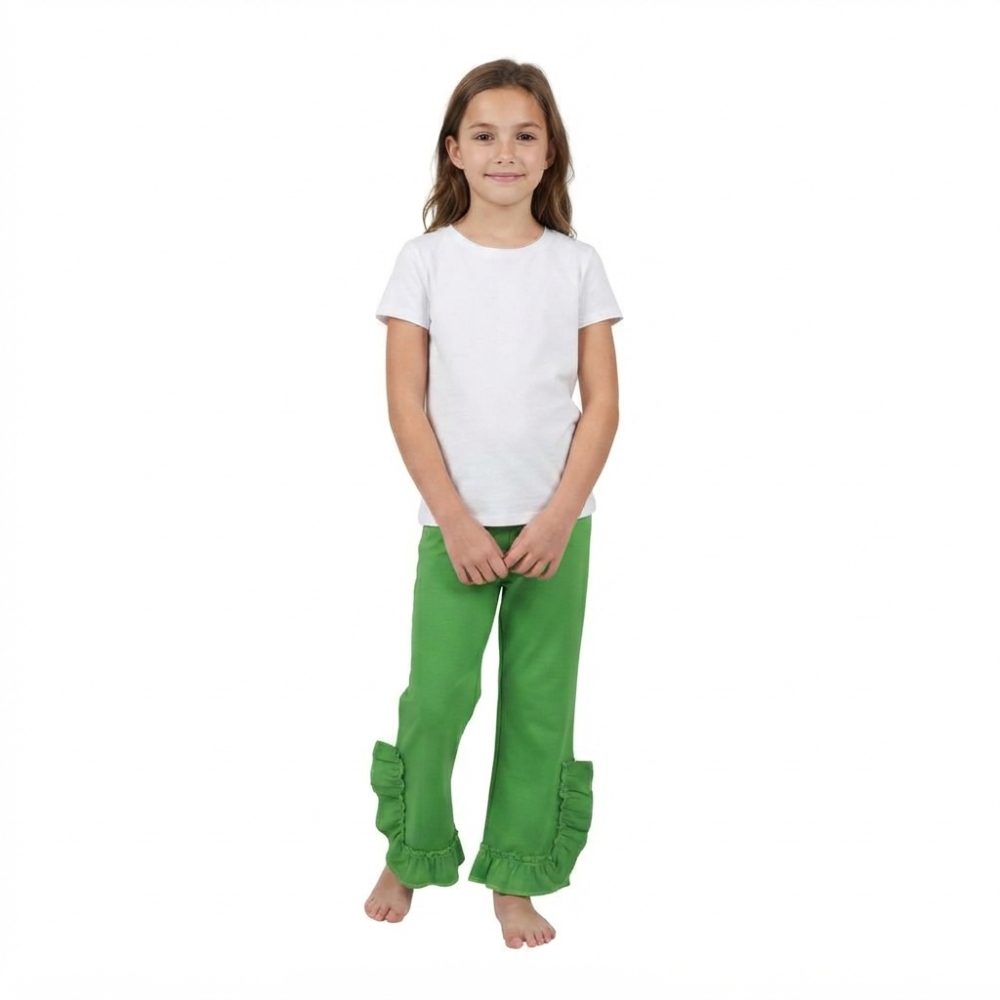 P1104 girl Green solid print long floral pants