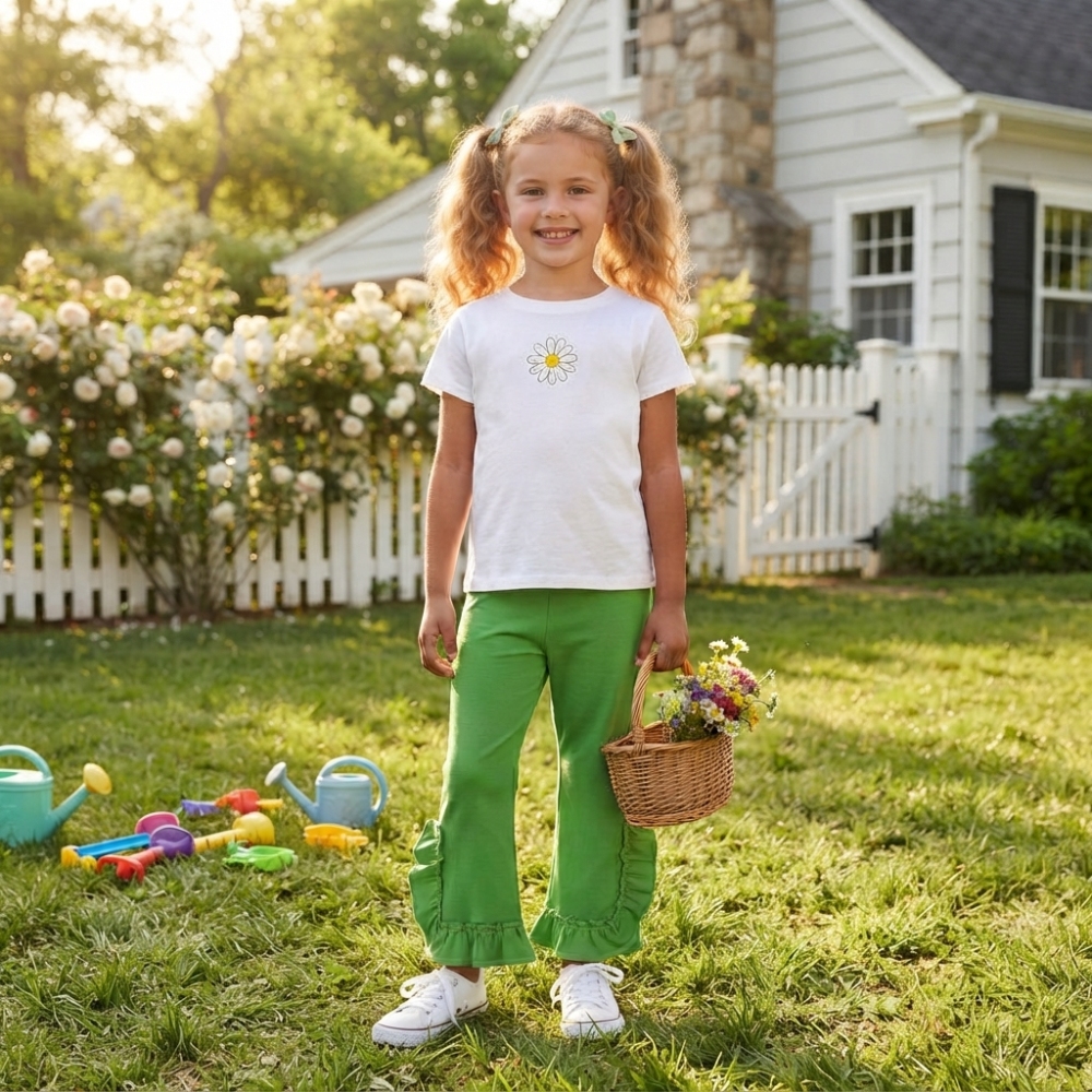 P1104 girl Green solid print long floral pants