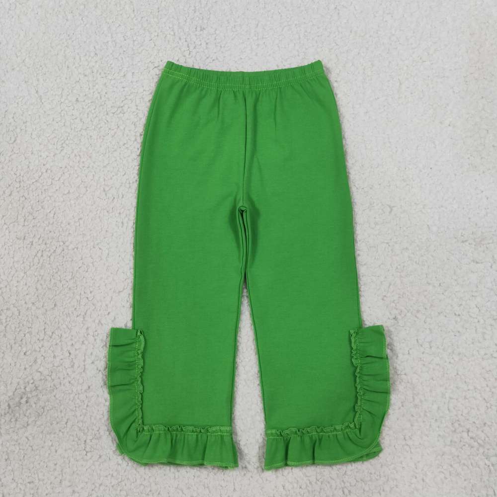 P1104 girl Green solid print long floral pants