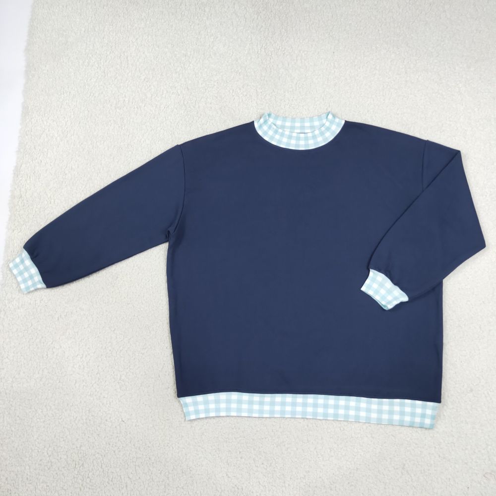 GT1797 Adult Women NAVY solid print long sleeve mock up plaid collar pullover