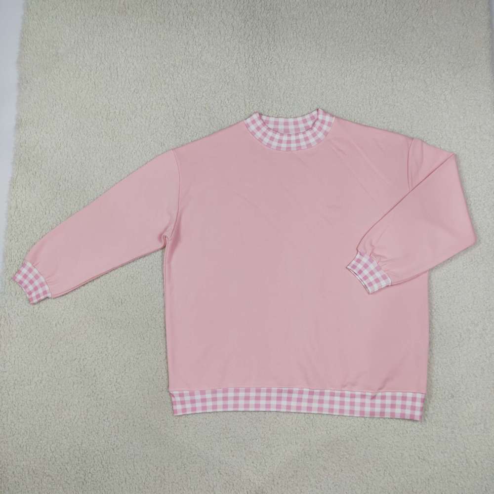 GT1794 Adult Women pink solid print long sleeve mock up plaid collar pullover