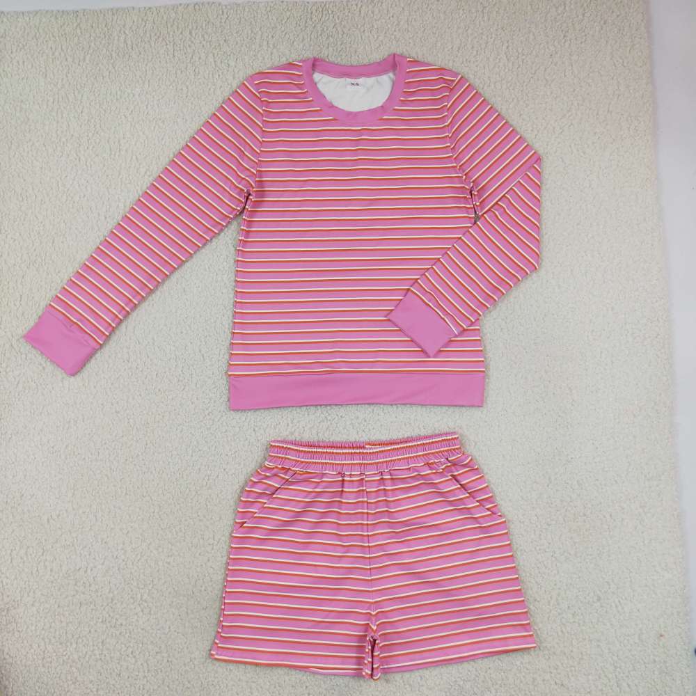GLS0139 Adult Women Pink Stripe Shirt Top Short Yoga Active Clothes Set