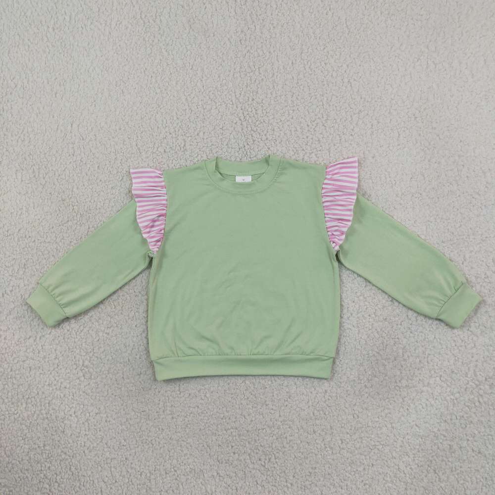 GT1847 Baby Girls Light Green Stripe Long Flutter Sleeve T-shirts Top