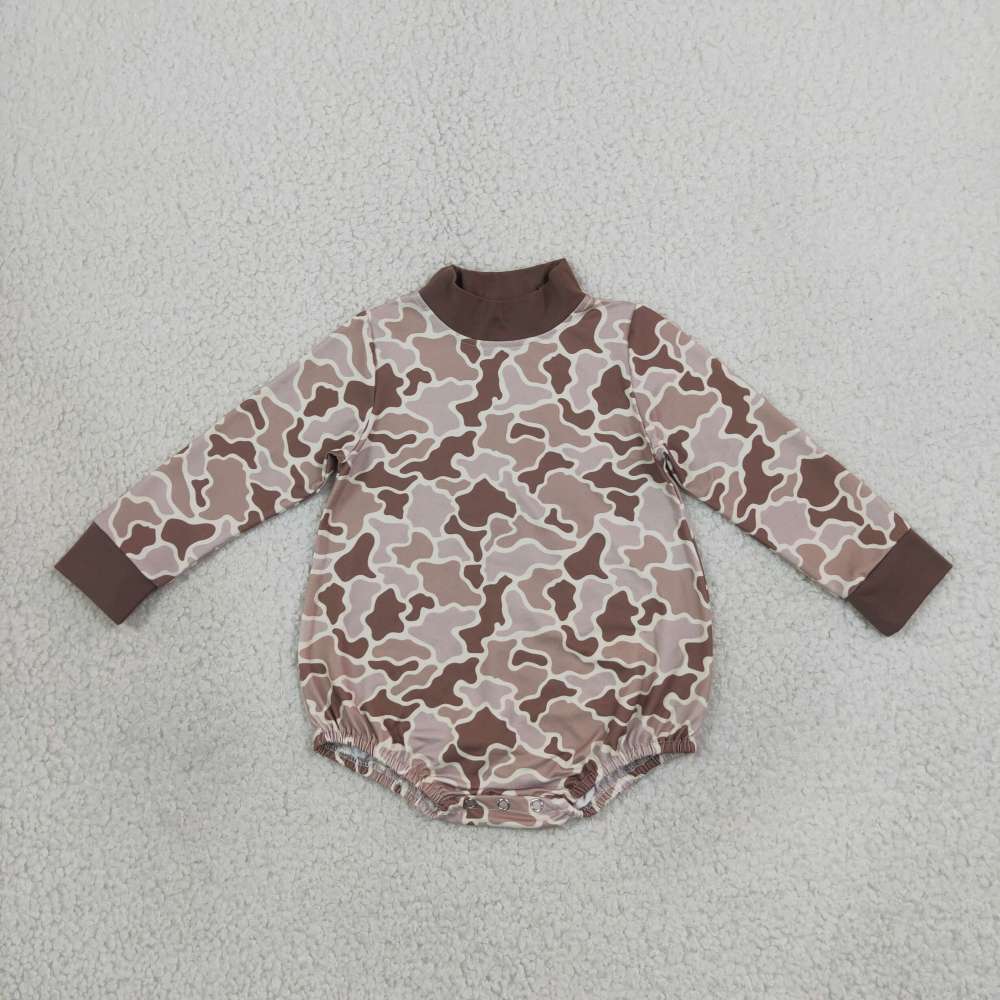 LR3263 Baby Boys Long Sleeve Khaki Brown Camo Choker Rompers