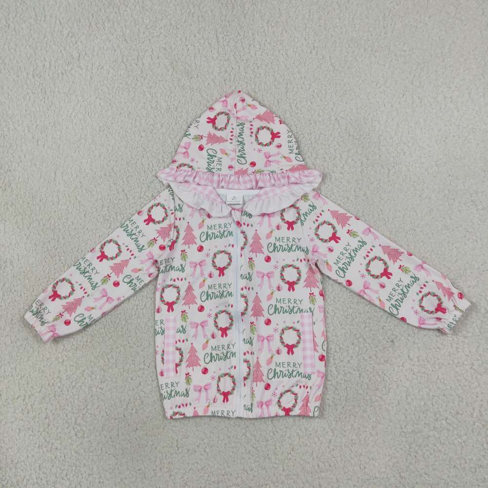 GT1822 Baby Girls Holly Trees Zip Pockets Christmas Ruffle Hoodie Jackets Top