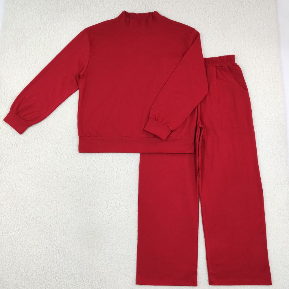 GLP3415 Adult Women Maroon Choker Top Pockets Flare Pants Fall Pajamas Clothes Sets