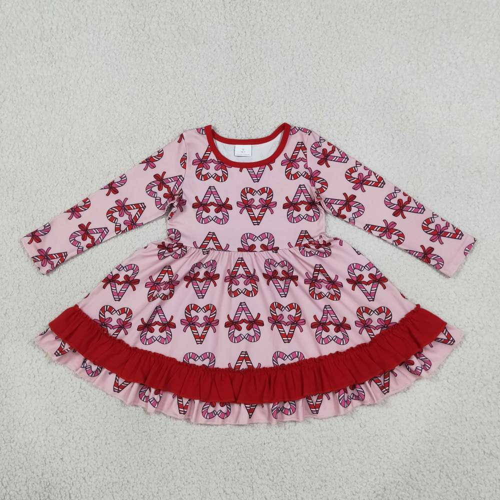 GLD1695 Christmas candy  print girl long sleeve dress