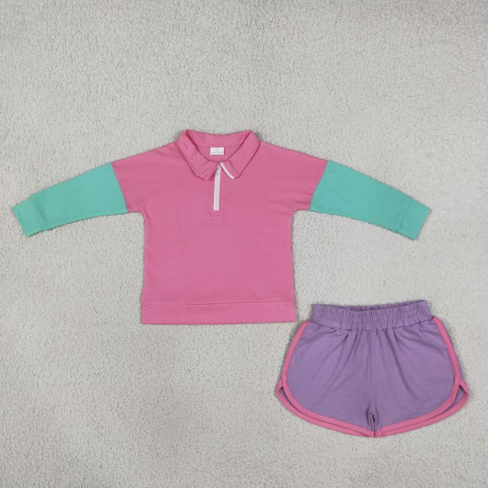 GLS0193 Pink green patchwork Print long sleeve girl shorts outfits