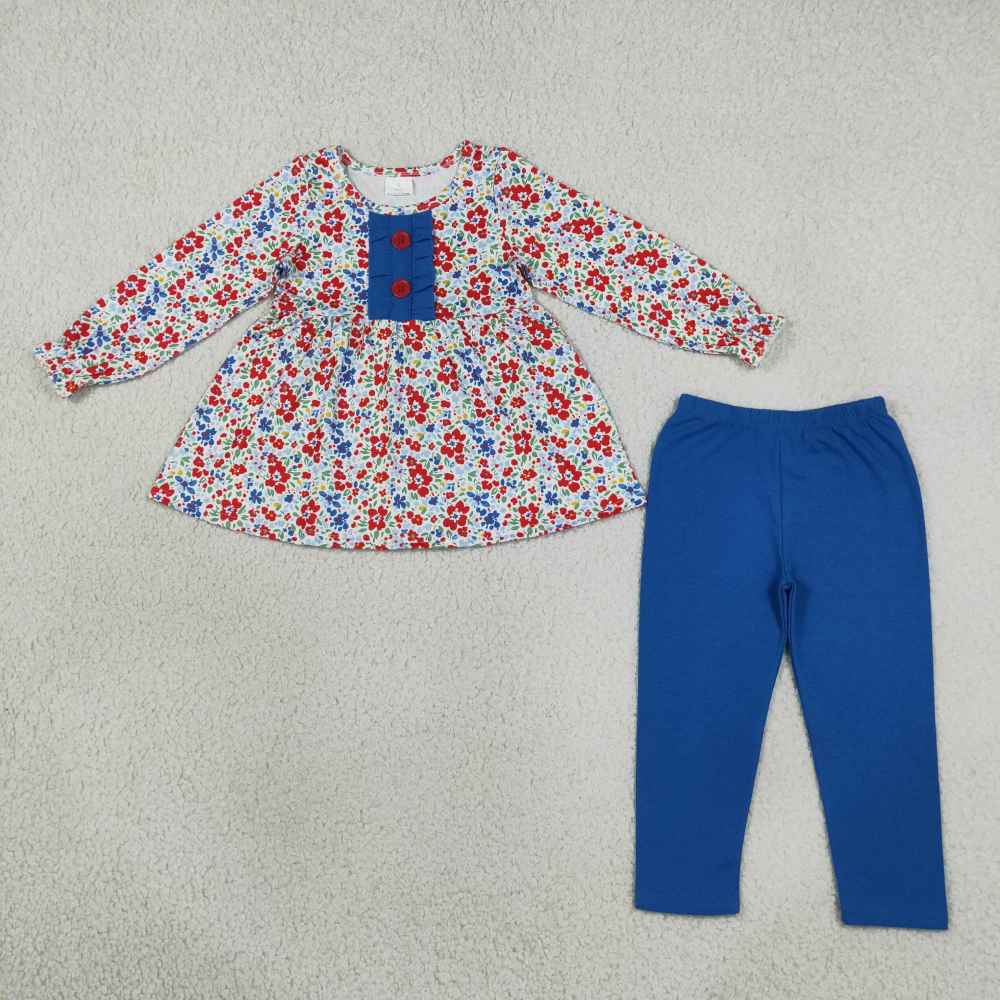 GLP3522 Baby Girls blue red flowers Pant Clothes Set