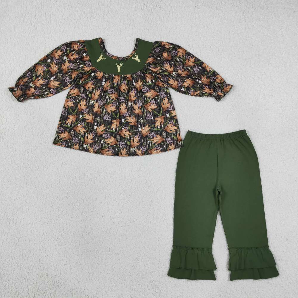 GLP2908 Baby Girls fall leaves deer embroidery Long Sleeve Top  Pant Fall Clothes Set