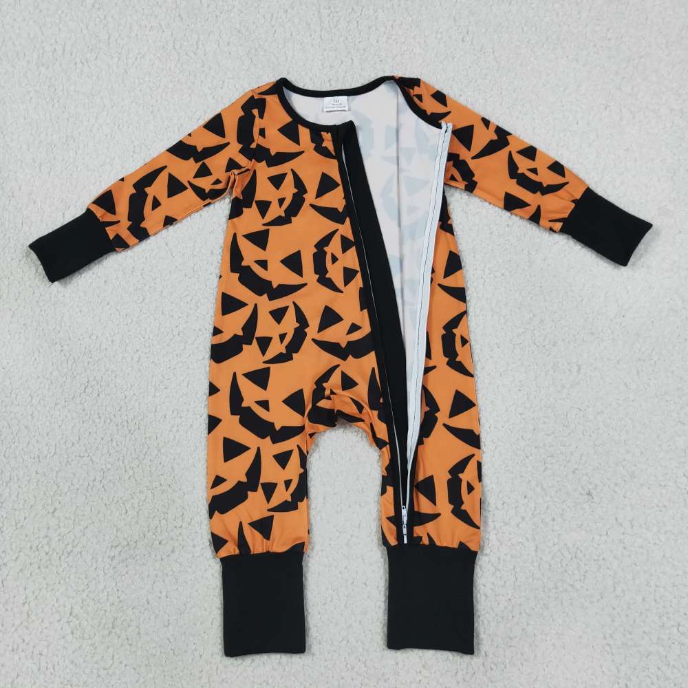 LR3243 orange halloween pumpkin print Long-Sleeved zipper romper