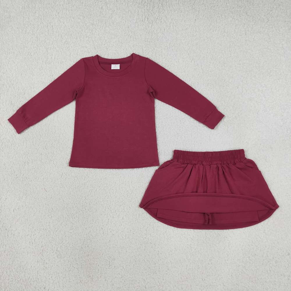 GLD1697 burgundy solid  Print long sleeve girl skirt outfits