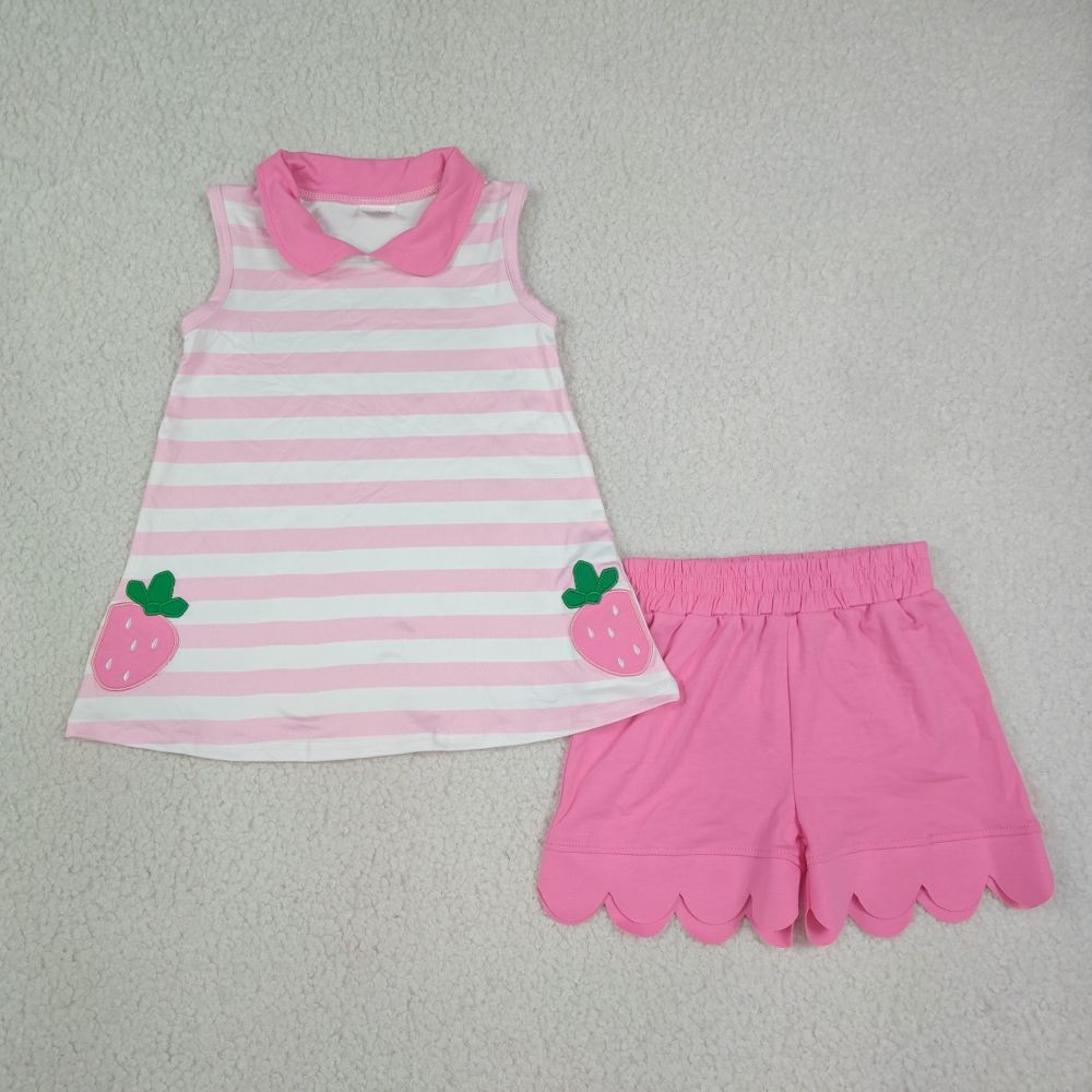 GSSO3631 Pink stripe strawberry embroidery sleeveless girl scallop outfits
