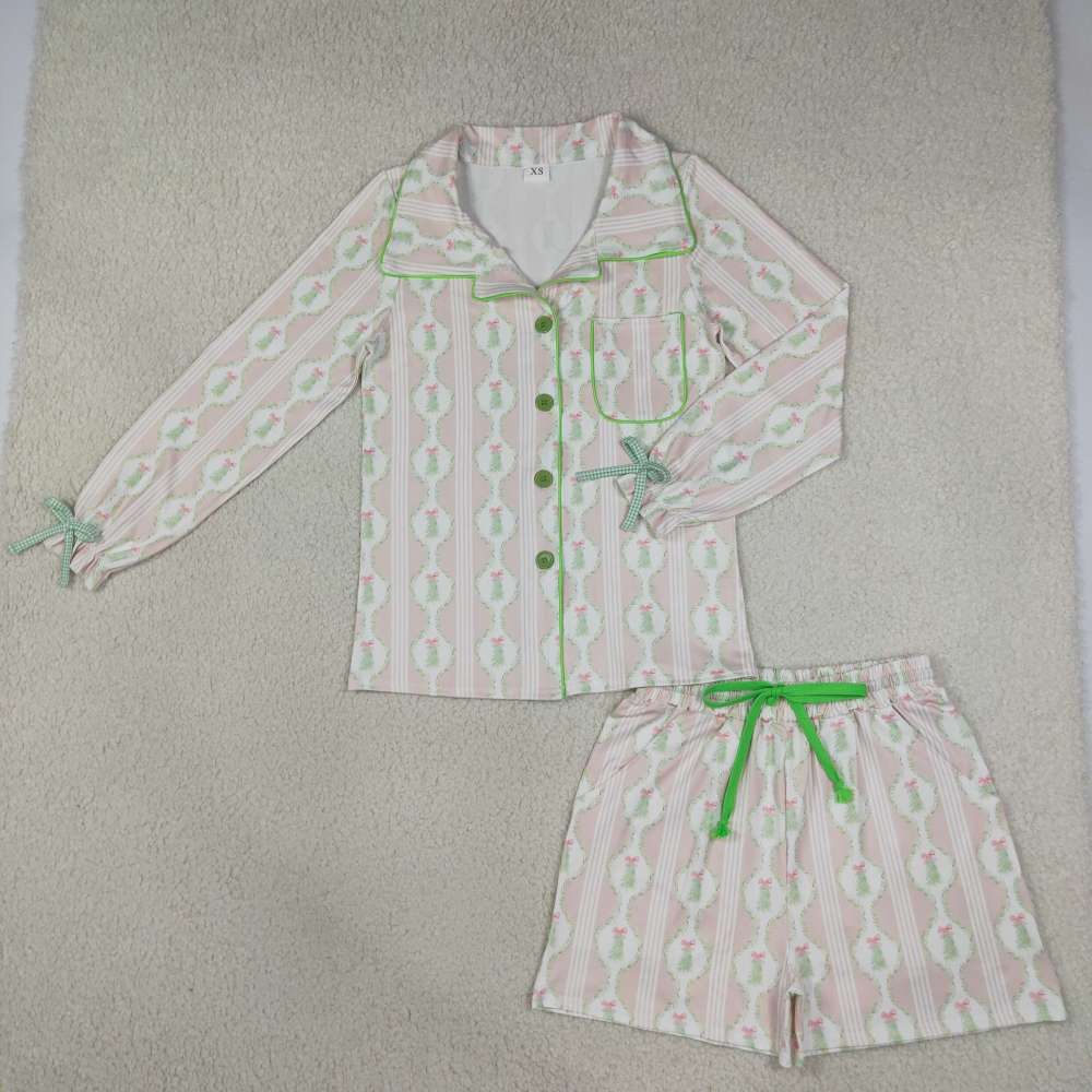 GLS0115 Adult Women  Bows Trees Button Pocket Top Shorts Christmas Pajamas Set
