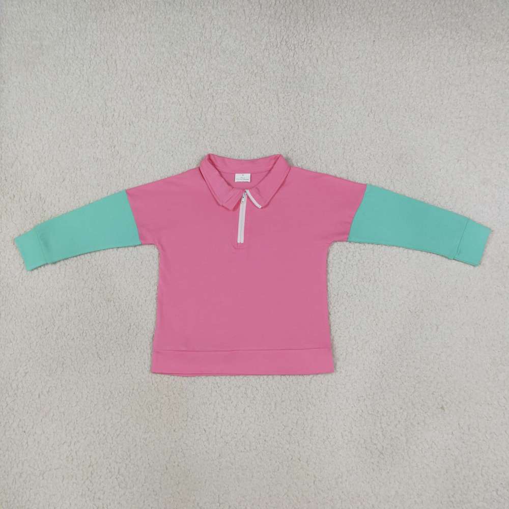 RTS GT1820 pink green patchwork print long sleeve girl zipper pullover