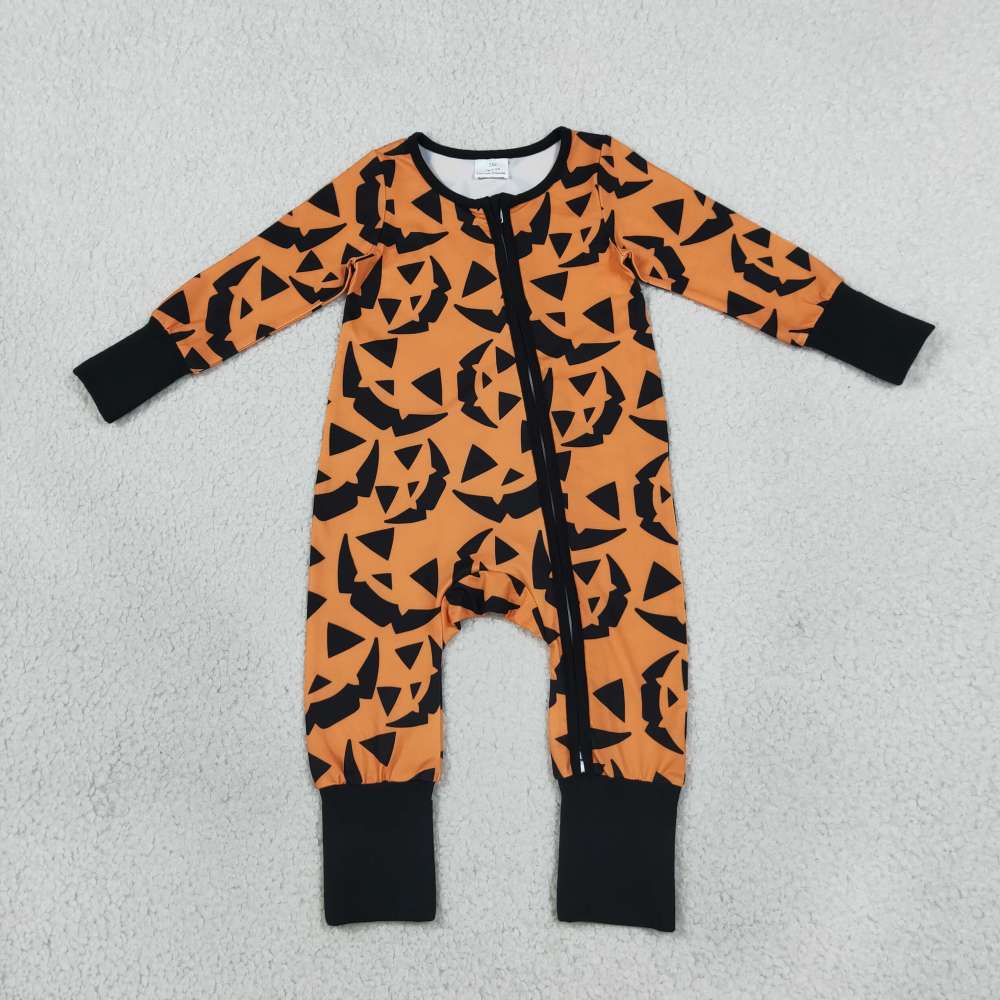 LR3243 orange halloween pumpkin print Long-Sleeved zipper romper