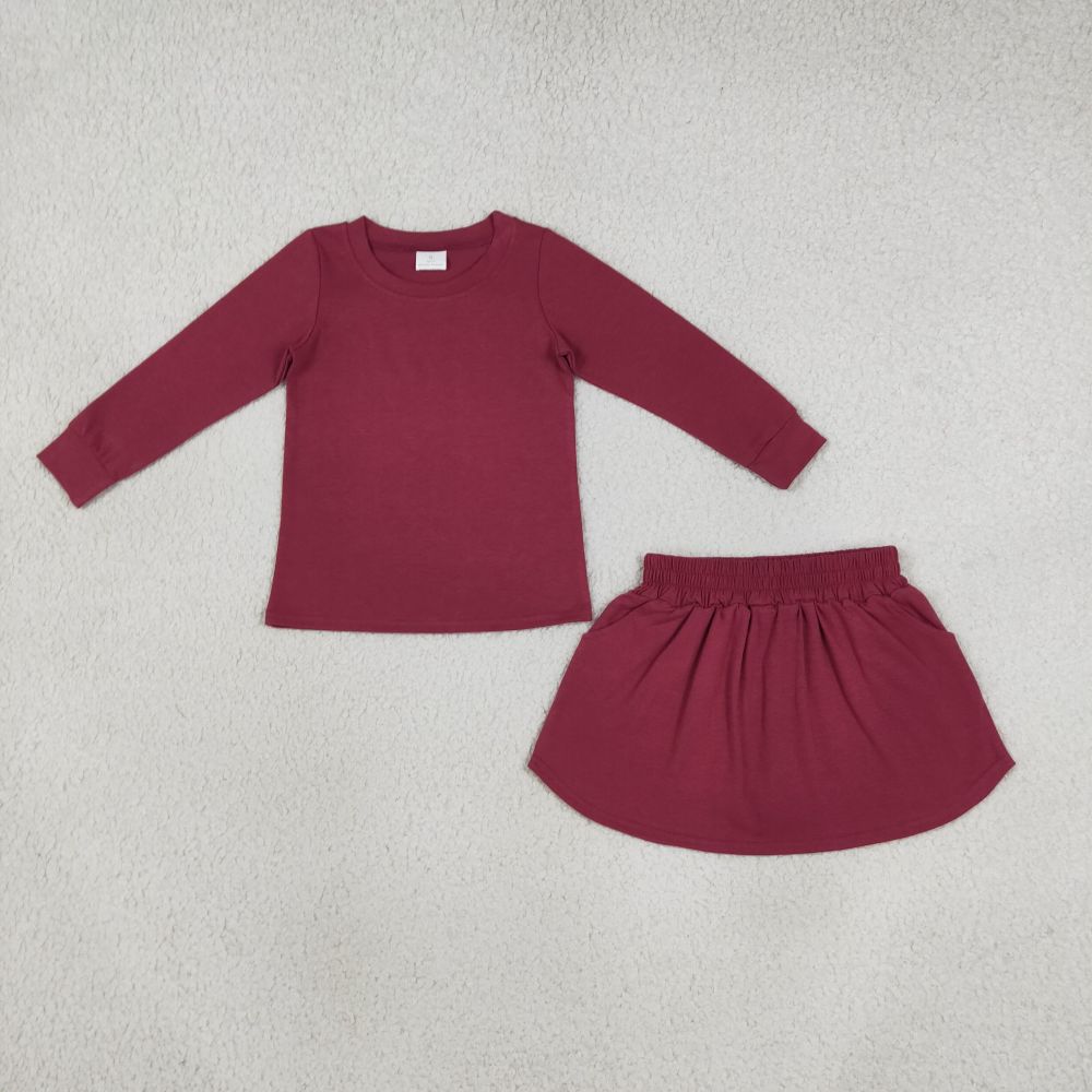 GLD1697 burgundy solid  Print long sleeve girl skirt outfits