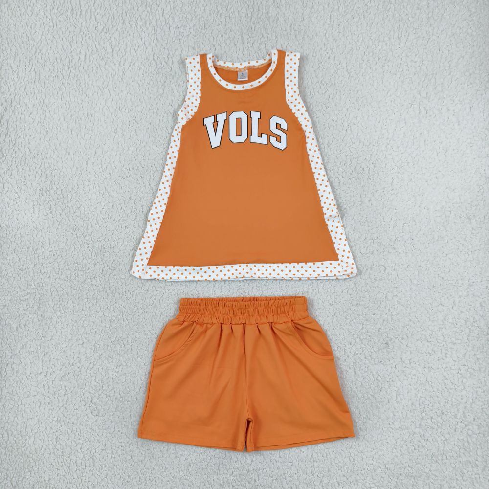 GSSO3852 Orange polka vols vinyl  Print sleeveless girl short yoga outfits