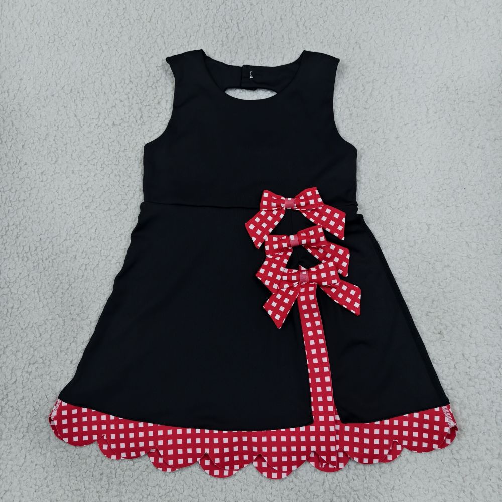 GSD4263 RTS Black solid red plaid bows  print active girl yoga scallop dress