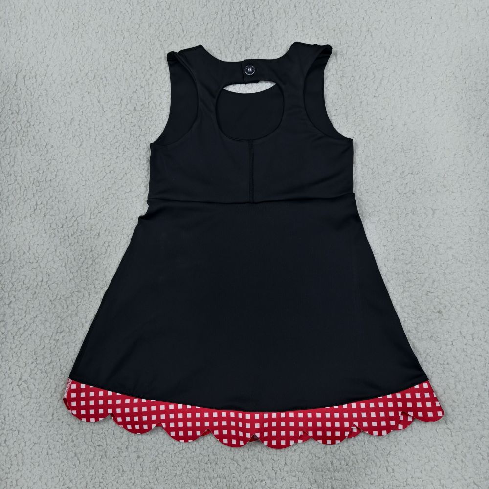 GSD4263 RTS Black solid red plaid bows  print active girl yoga scallop dress