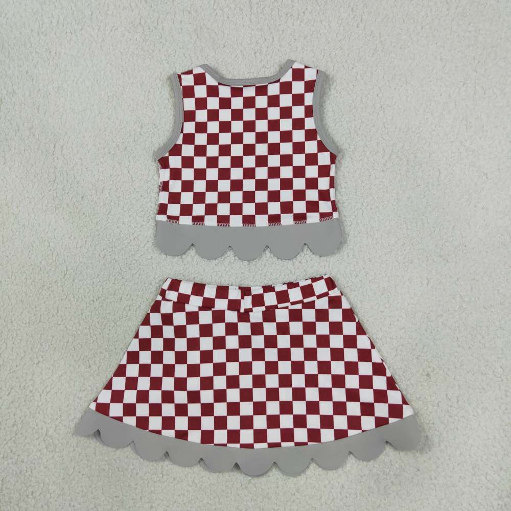GSD4284 Leopard scallop print Red white plaid active girl yoga skirt dress