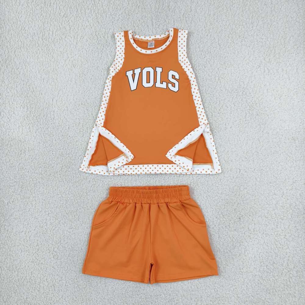 GSSO3852 Orange polka vols vinyl  Print sleeveless girl short yoga outfits