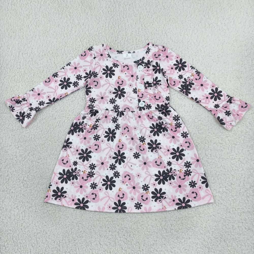 GLD1637 pink black flowers pumpkin  print girl long sleeve dress