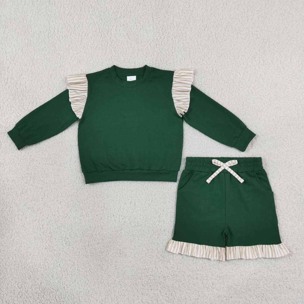 GLS0218 Baby Girls GREEN Long Sleeve Top Ruffle SHORTS  Fall Clothes Set