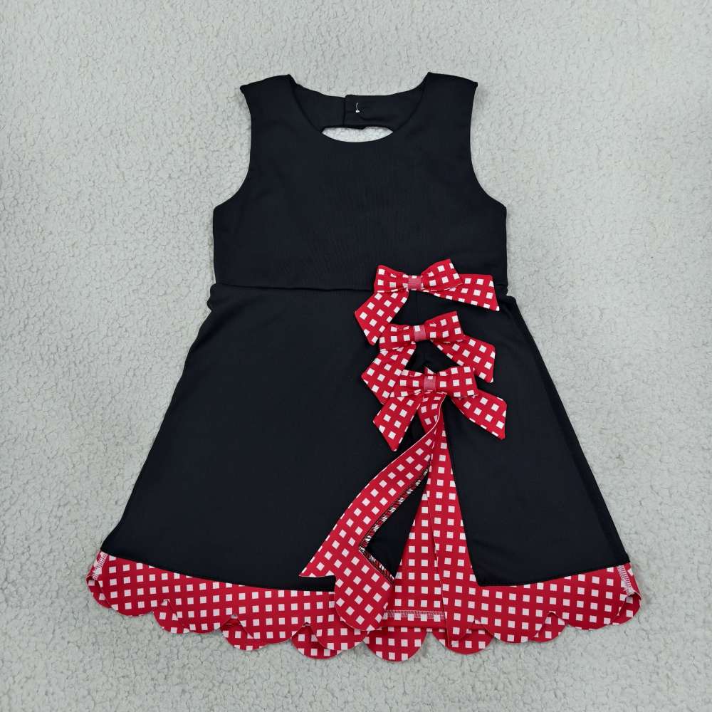 GSD4263 RTS Black solid red plaid bows  print active girl yoga scallop dress