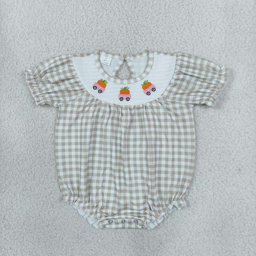 SR4280  RTS Girl plaid PUMPKIN CARS smock thanksgiving Day  long sleeve baby bubble
