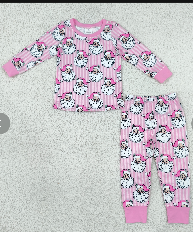 GLP3440  Pink stripe Christmas Print long sleeve girl pajamas