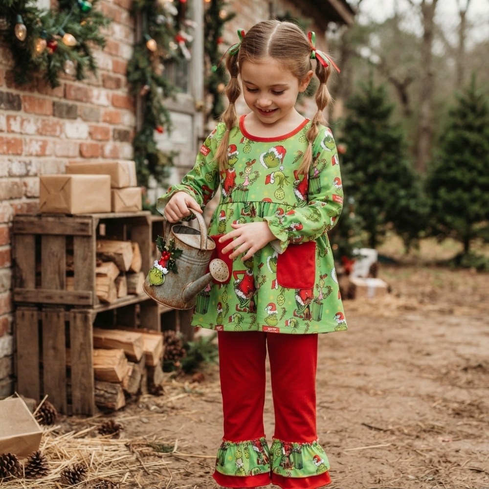 GLP3459 Baby Girls Christmas grinch candy Ruffle Pant Christmas Clothes Set