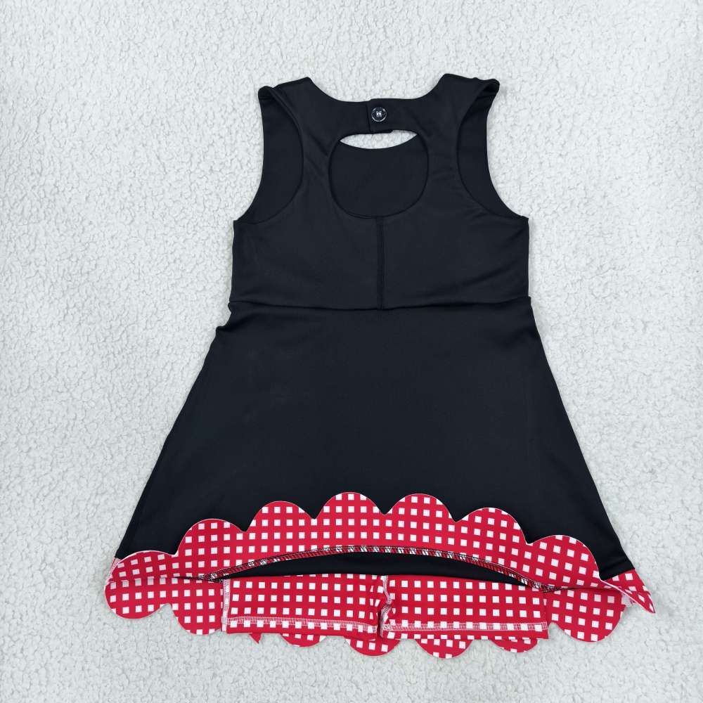 GSD4263 RTS Black solid red plaid bows  print active girl yoga scallop dress
