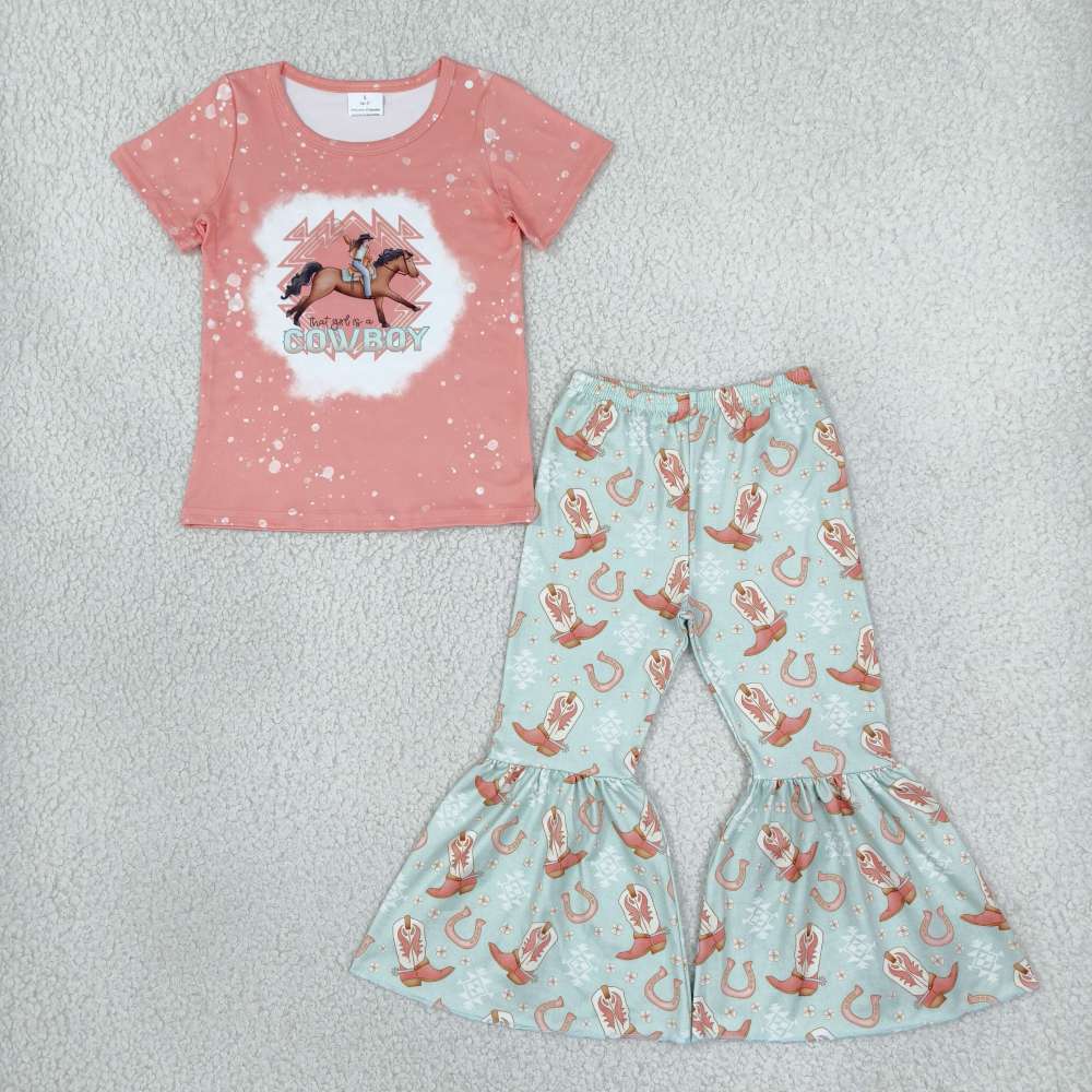 GSPO1571 Cowboy hunting horse Print short sleeve girl outfits