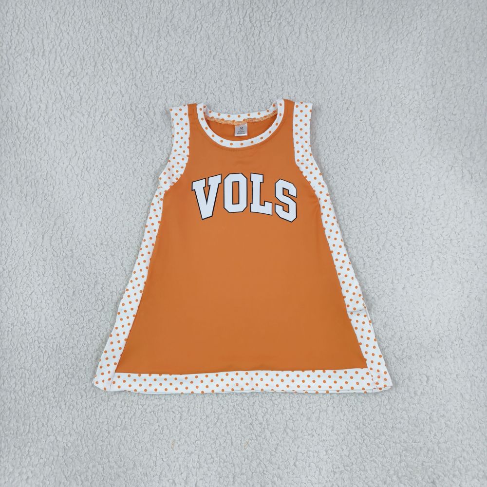 GSD4292 orange polka vols vinyl solid print girl sleeveless yoga dress