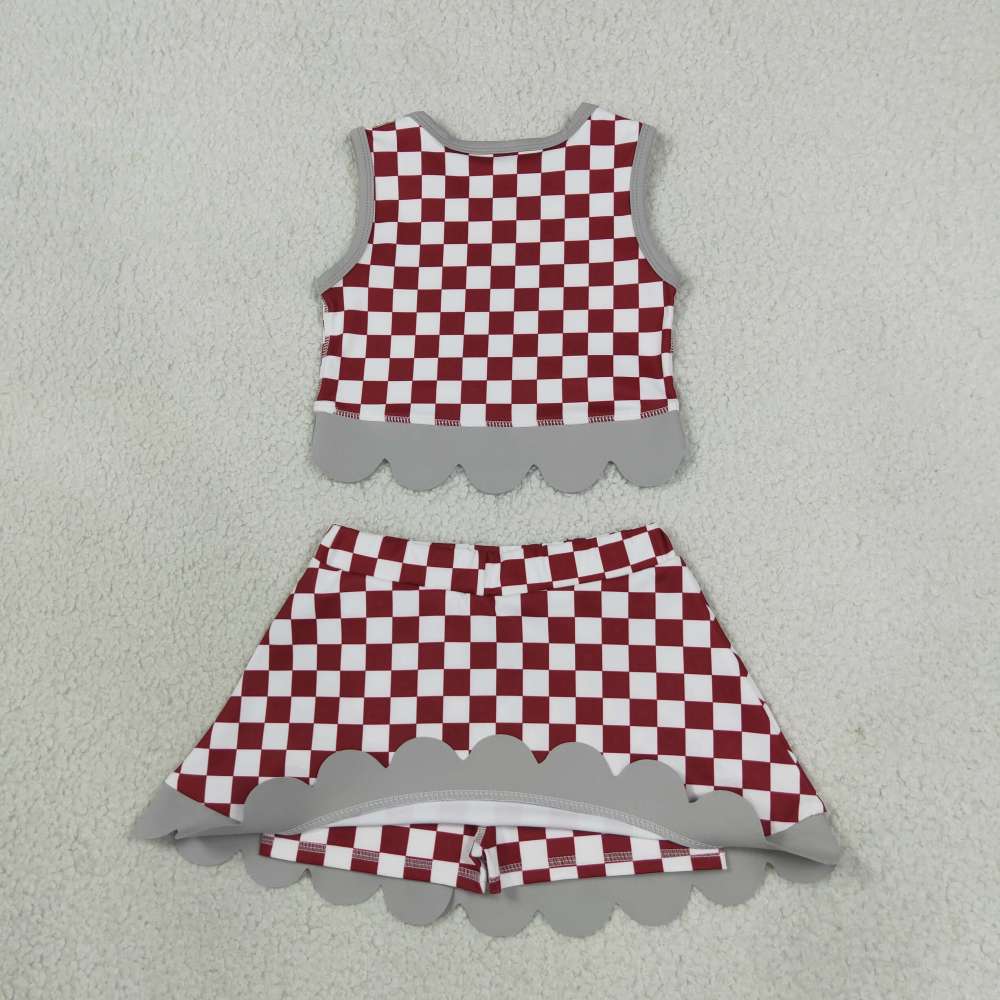 GSD4284 Leopard scallop print Red white plaid active girl yoga skirt dress