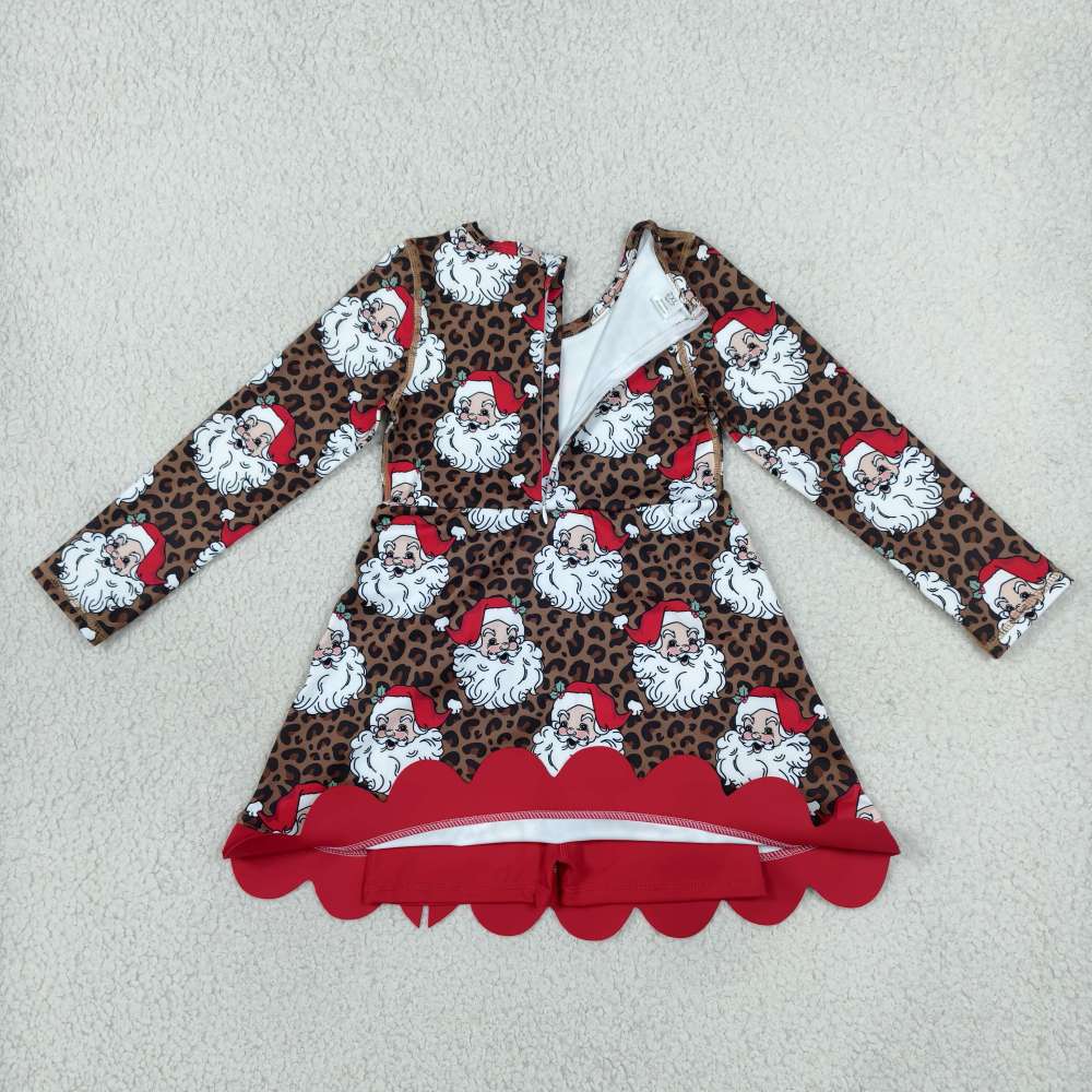 GLD1679  RTS Leopard Christmas Santa red bows print active girl yoga scallop dress