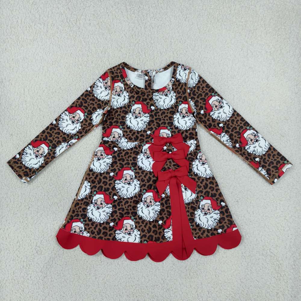 GLD1679  RTS Leopard Christmas Santa red bows print active girl yoga scallop dress