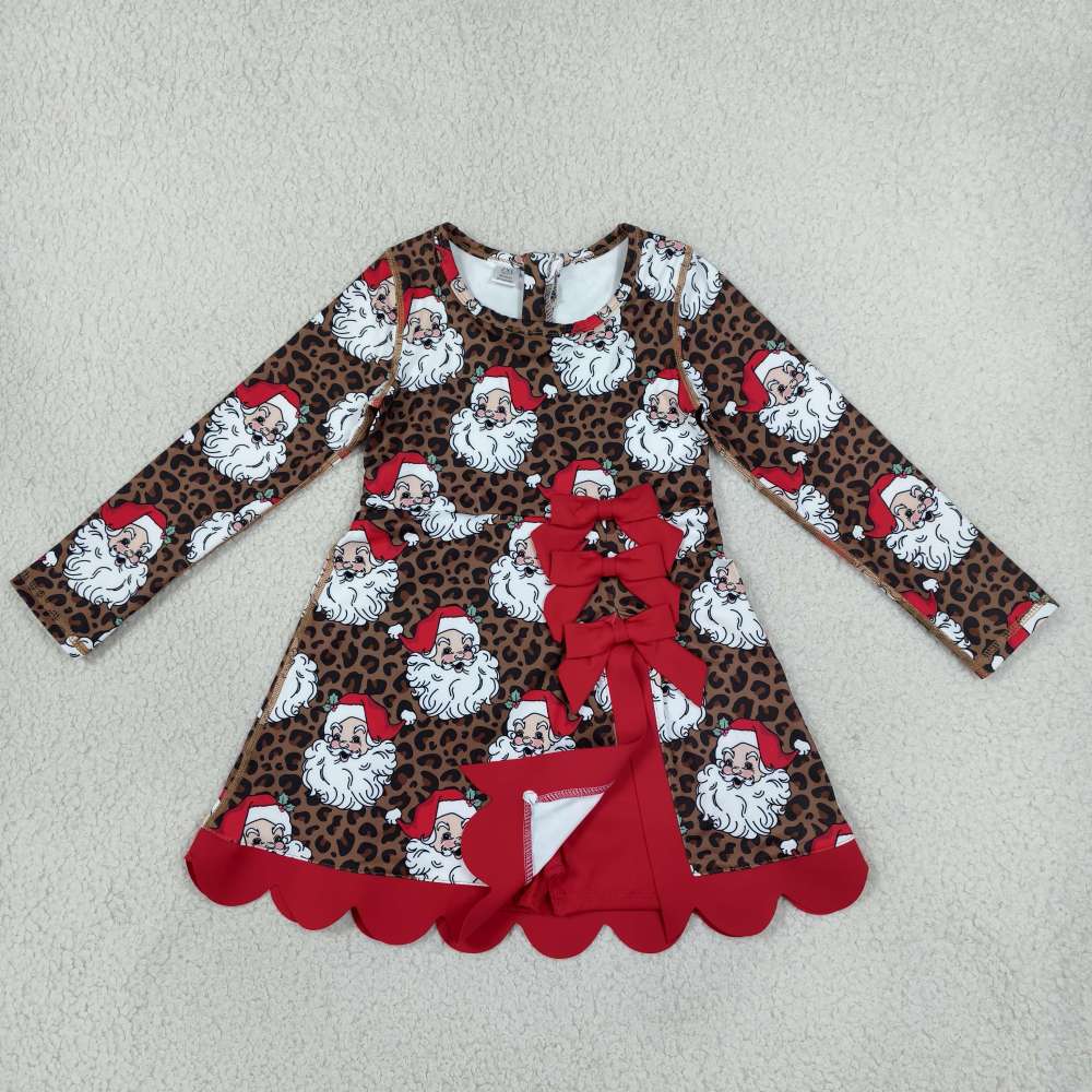 GLD1679  RTS Leopard Christmas Santa red bows print active girl yoga scallop dress