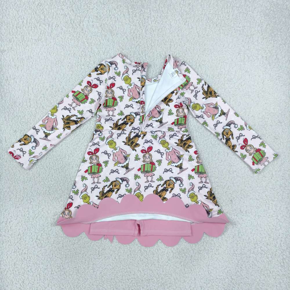 GLD1656 RTS green face Christmas girl gift box print active girl yoga scallop dress