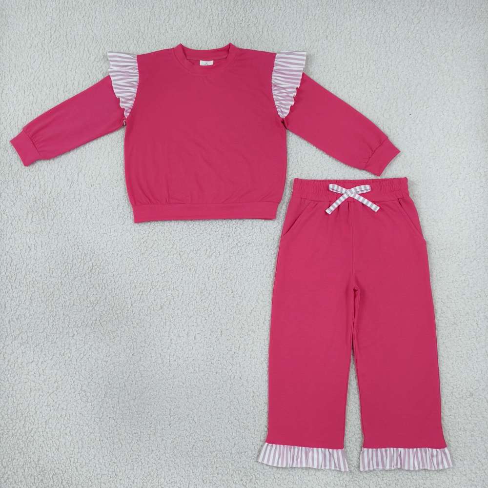 GLP3701  Baby Girls Hot pink solid Long Sleeve Top Ruffle Pant Fall Clothes Set