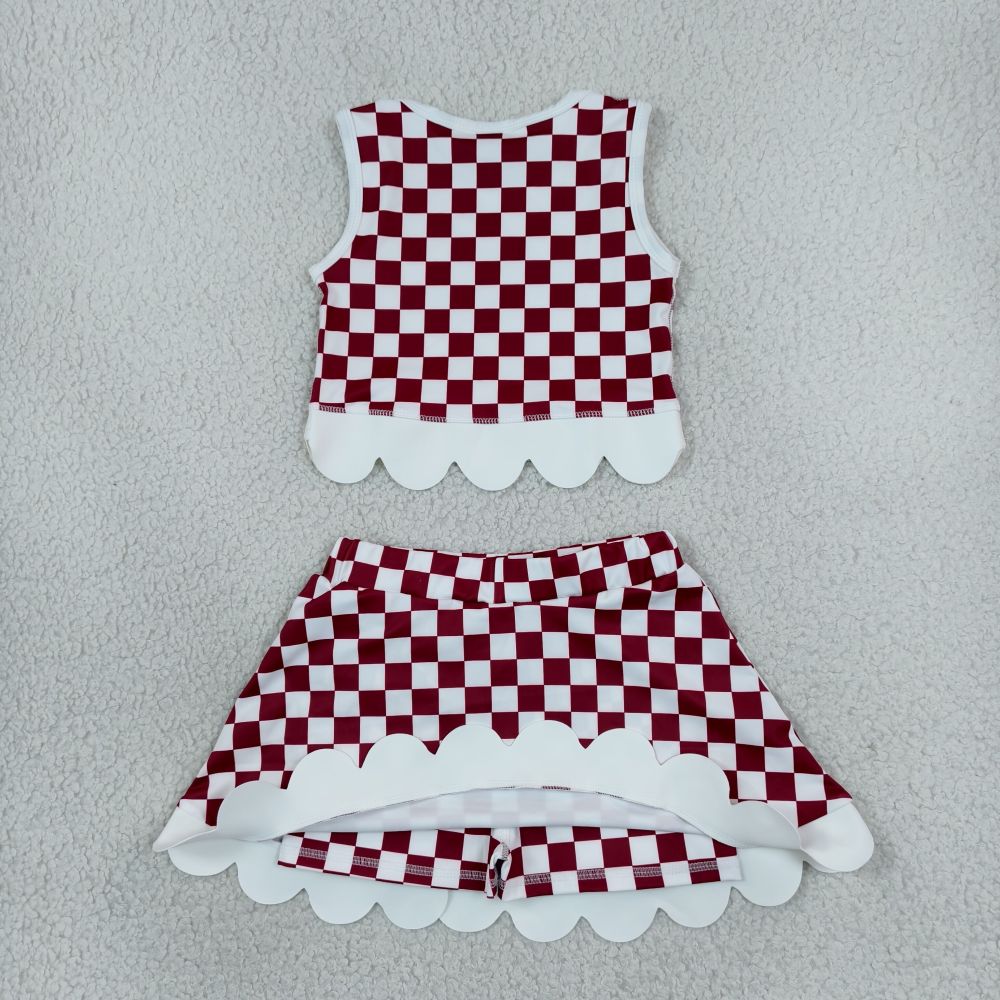 GSD4286 Burgundy plaid scallop print  active girl yoga skirt team dress