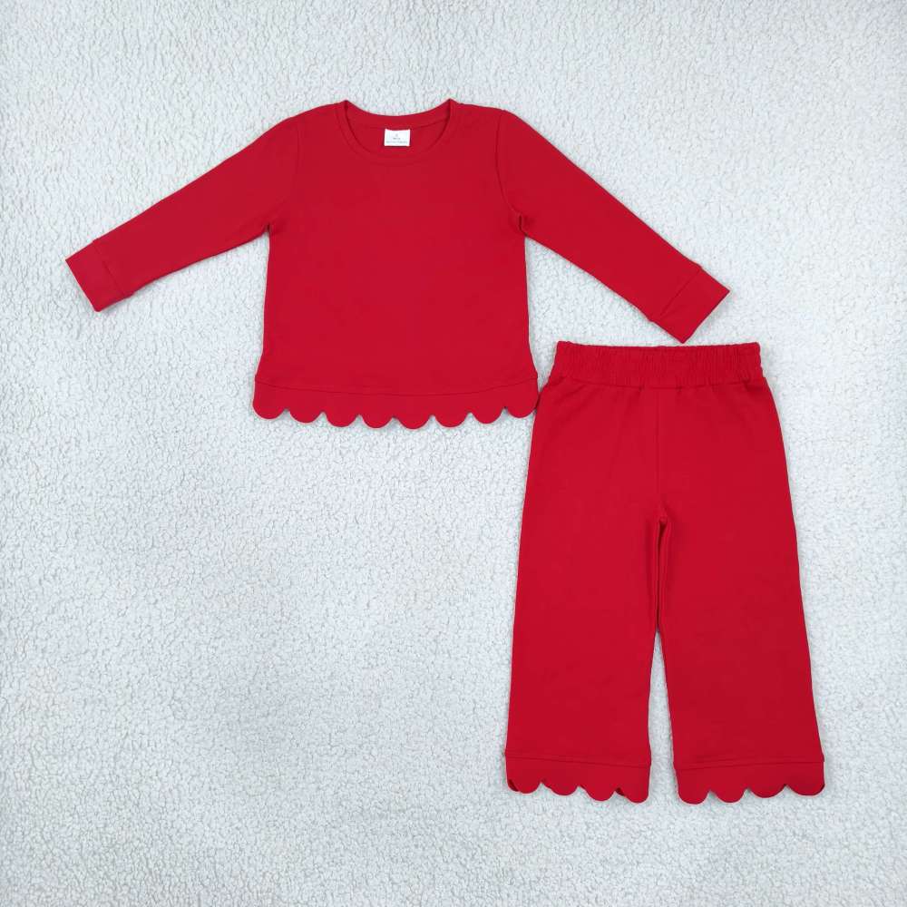 GLP2964  Baby Girls red solid fall Pant Clothes scallop Set