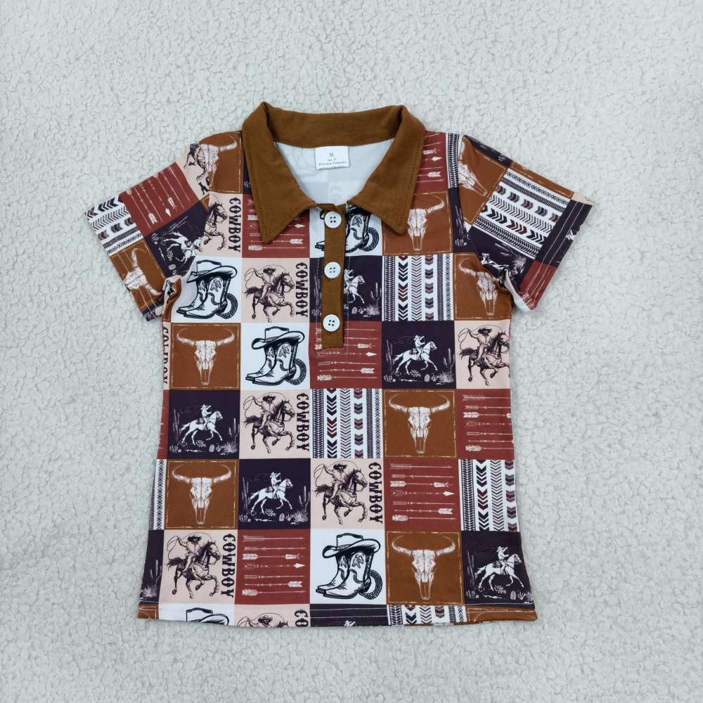 BT1670 RTS Brown boots howdy print short sleeve boy brown t-shirt