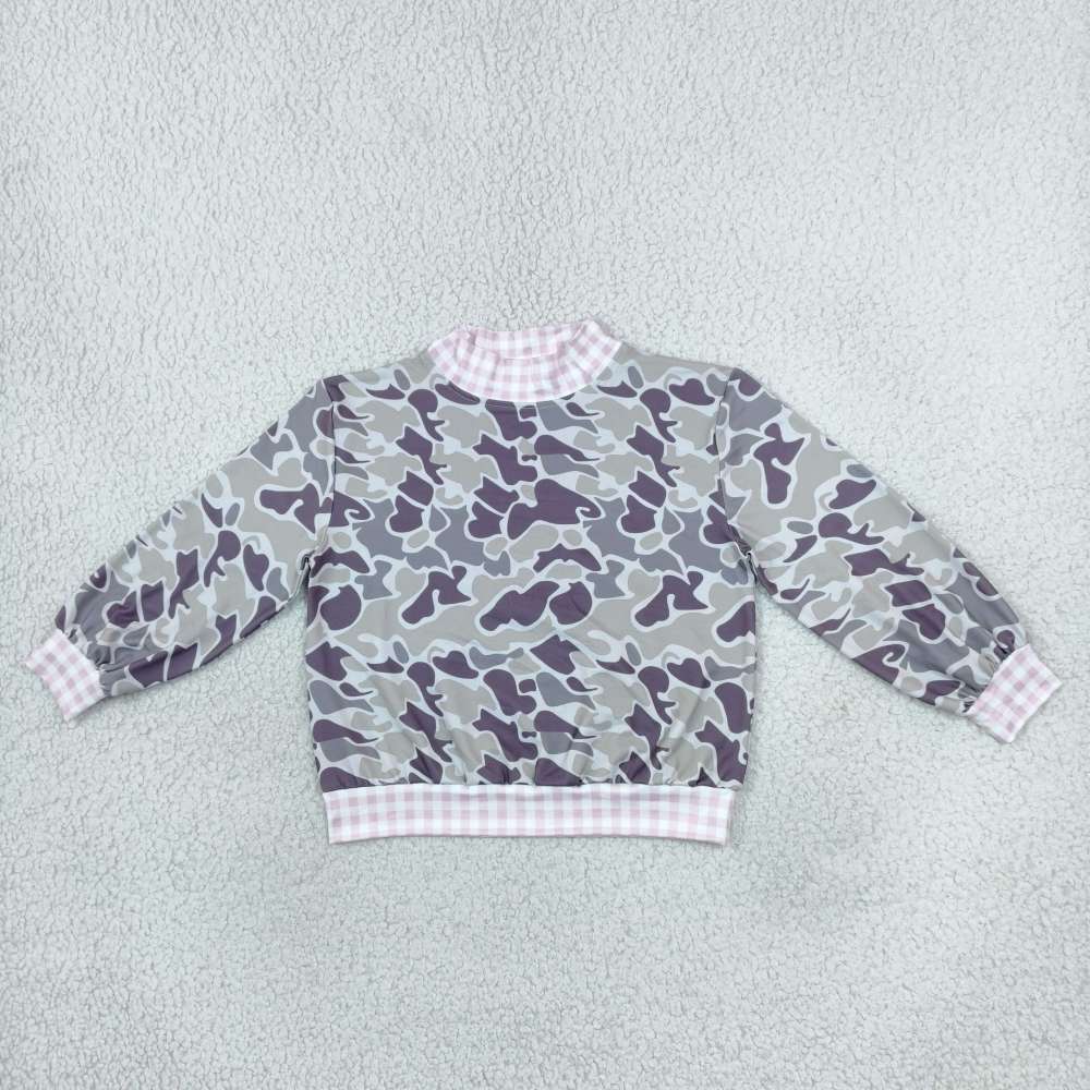 GT1873  Baby Girls CAMO pink plaid mock neck Long Sleeve pullover