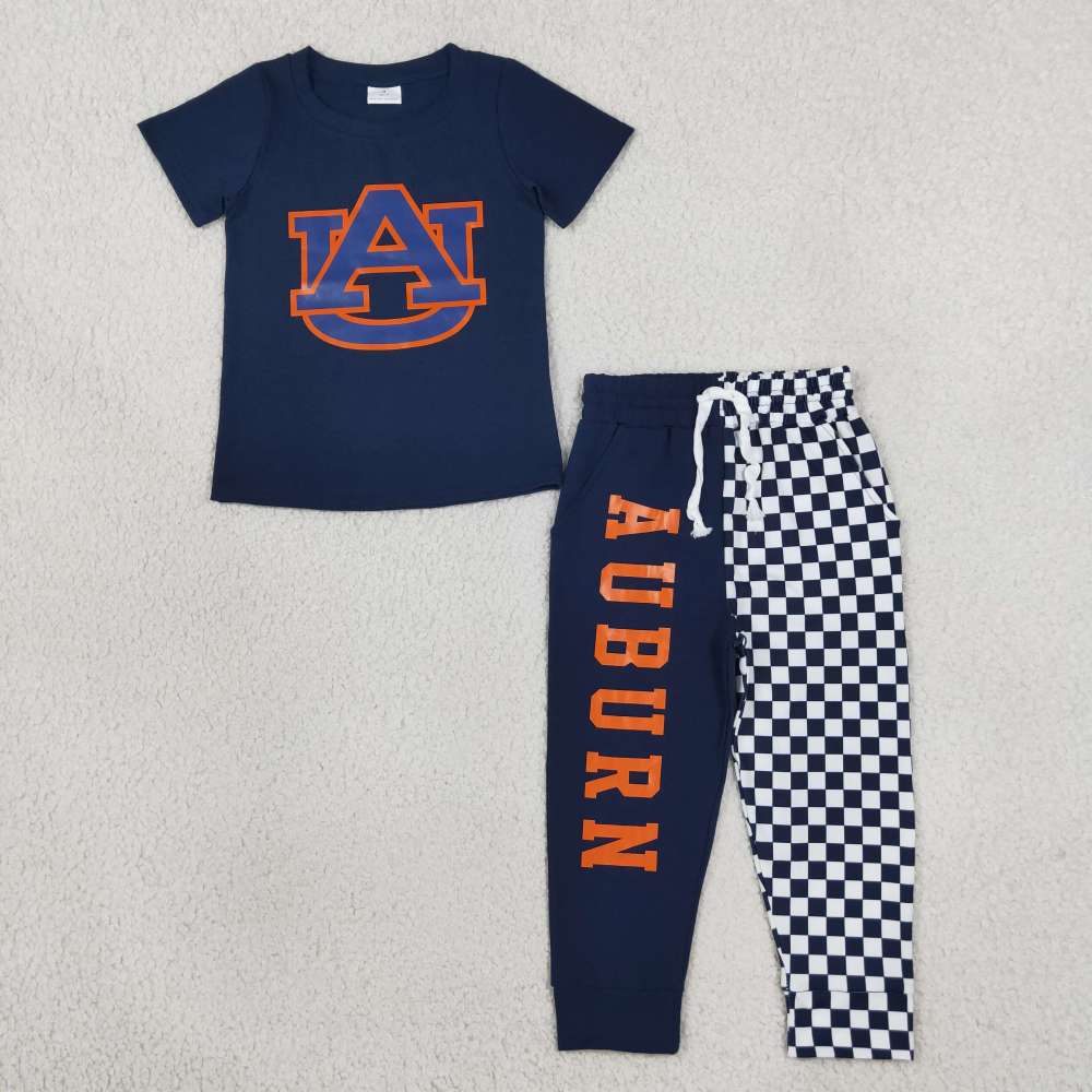 BSPO0694 RTS navy plaid AUBURN vinyl  long sleeve boy team outfits