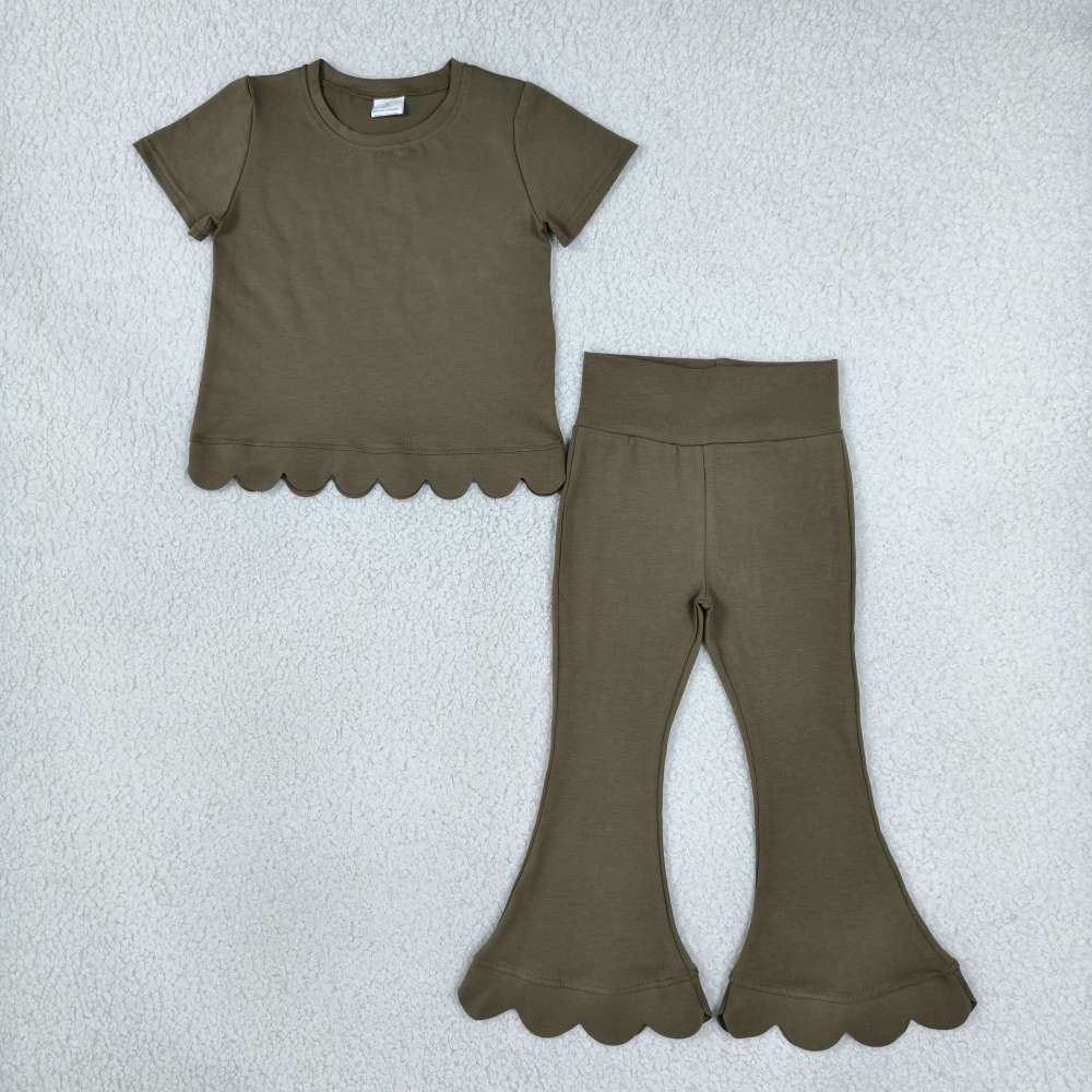 GSPO2342 Baby Girls Olive green solid fall Pant Clothes scallop Set