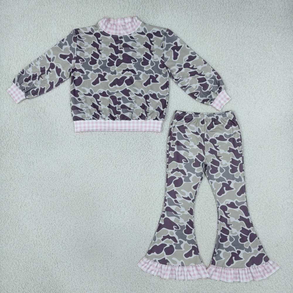 GLP3736  camo solid Pink plaid long sleeve girl mock neck outfits