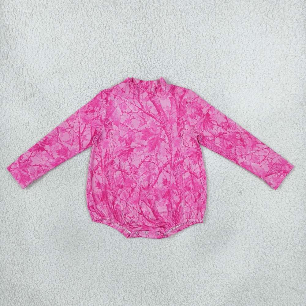 LR3224 Baby Pink branch leaves Long Sleeve Brown mock neck Rompers