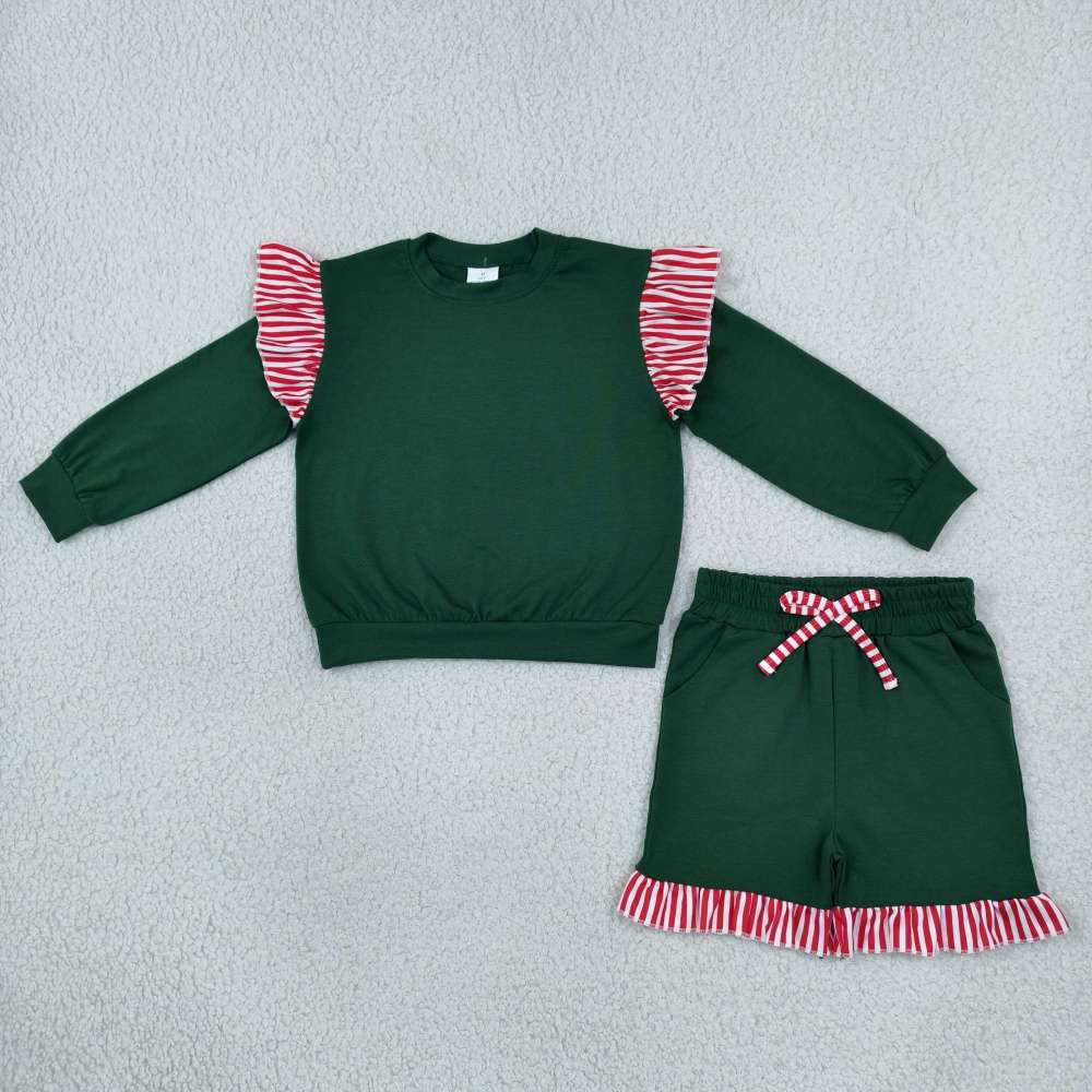 GLS0223  Baby Girls green solid Long Sleeve Top Ruffle shorts Fall Clothes Set